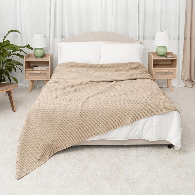 Comfy Cubs Waffle Blanket King, 108" x 90" - 100% Cotton Lightweight Breathable Bed Blanket - Soft Textured Thermal Weave for All Seasons – Decorative Cozy Layer for Couch, Sofa, or Bed - Sand