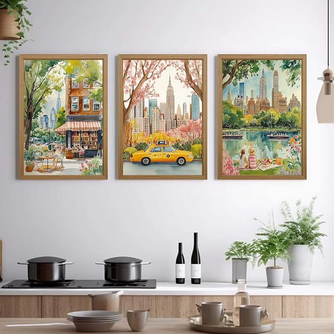 Watercolor New York City Wall Art Nyc Canvas Wall Decor Nyc Painting New York Landmarks Poster Travel Wall Art Central Park Artwork for Bedroom Living Room 16x24x3 Inch Wood Framed