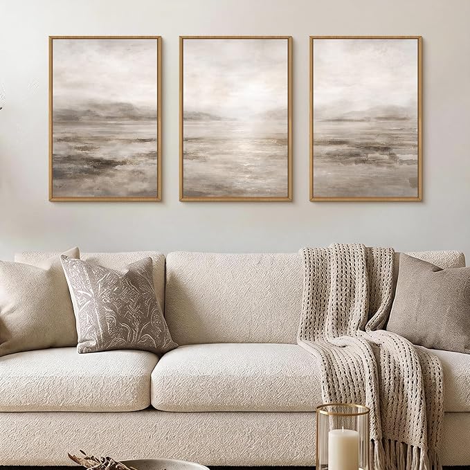 HPNIUB Larger Abstract Neutral Brown Framed Canvas Wall Art Set,Modern Misty Watercolor Lake Landscape Wall Decor, Minimalist Texture Pastel Artwork for Living Room,Bedroom,Office-16 x24 x3