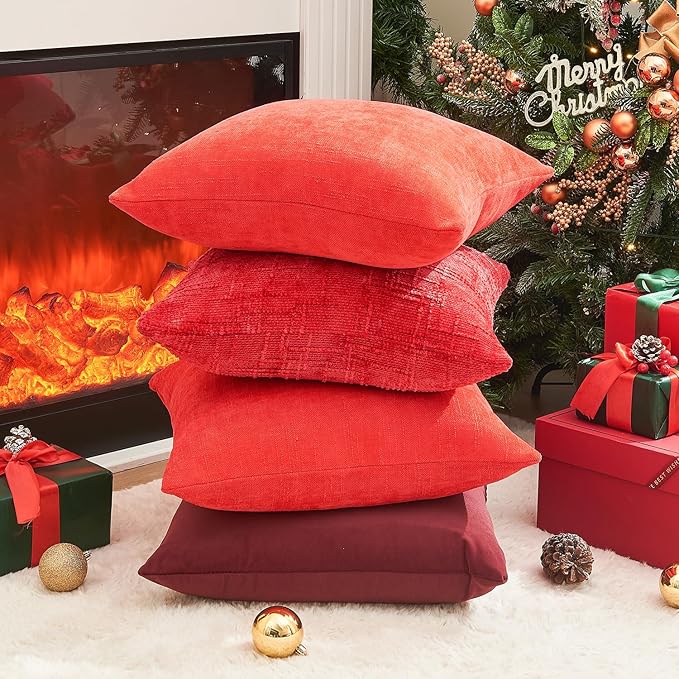 Pack of 4 Christmas Red Pillow Covers 18x18 Inch Chenille Throw Pillow Covers Solid Decorative Soft Xmas Cushion Covers Home Boho Textured Decor for Couch Sofa Bed Living Room