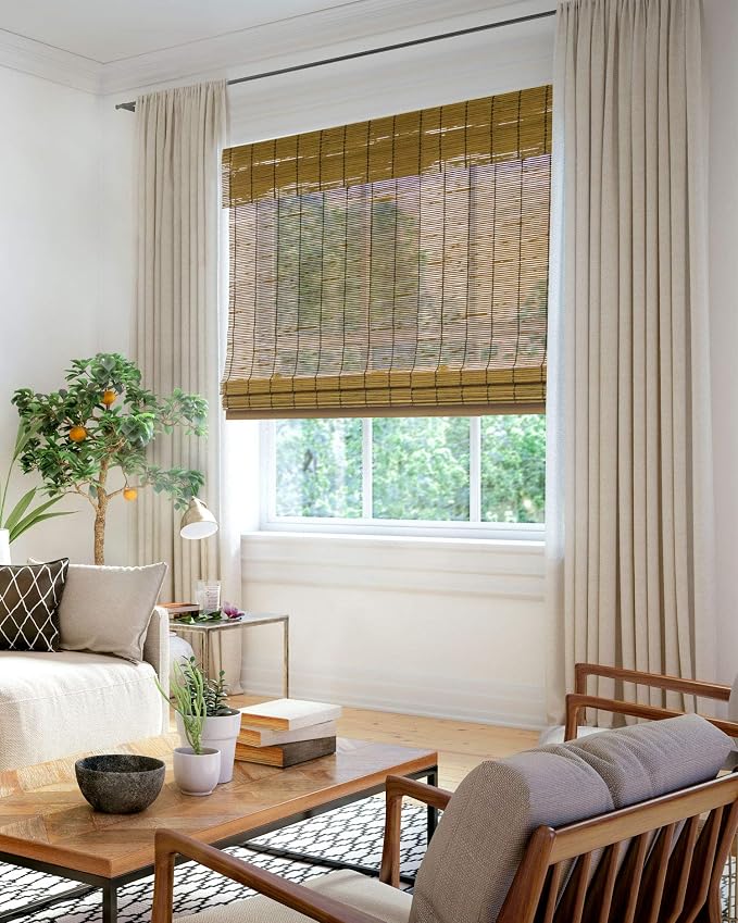 CHICOLOGY Bamboo Roman Shade, Cordless Light Filtering Woven Wood Window Treatment for Living Room, Dining Room, Kitchen & Office, Natural Bamboo Blinds for Boho Coastal Decor, Fox, 31"W x 64"H