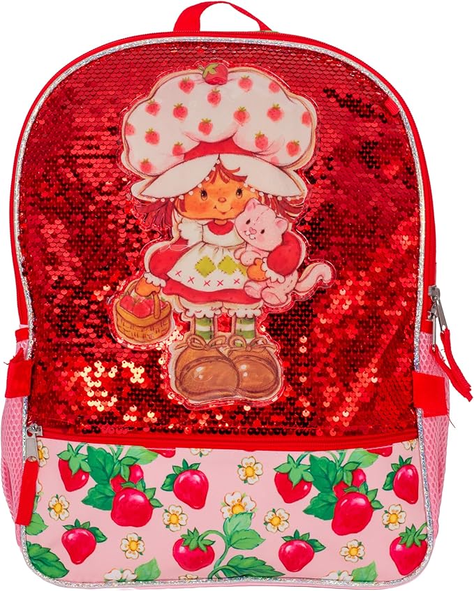 AI ACCESSORY INNOVATIONS Strawberry Shortcake 5 Piece Backpack Set, Flip Sequin Girls School Bag with Front Zip Pocket, 2 Side Mesh Pockets, Pink & Red