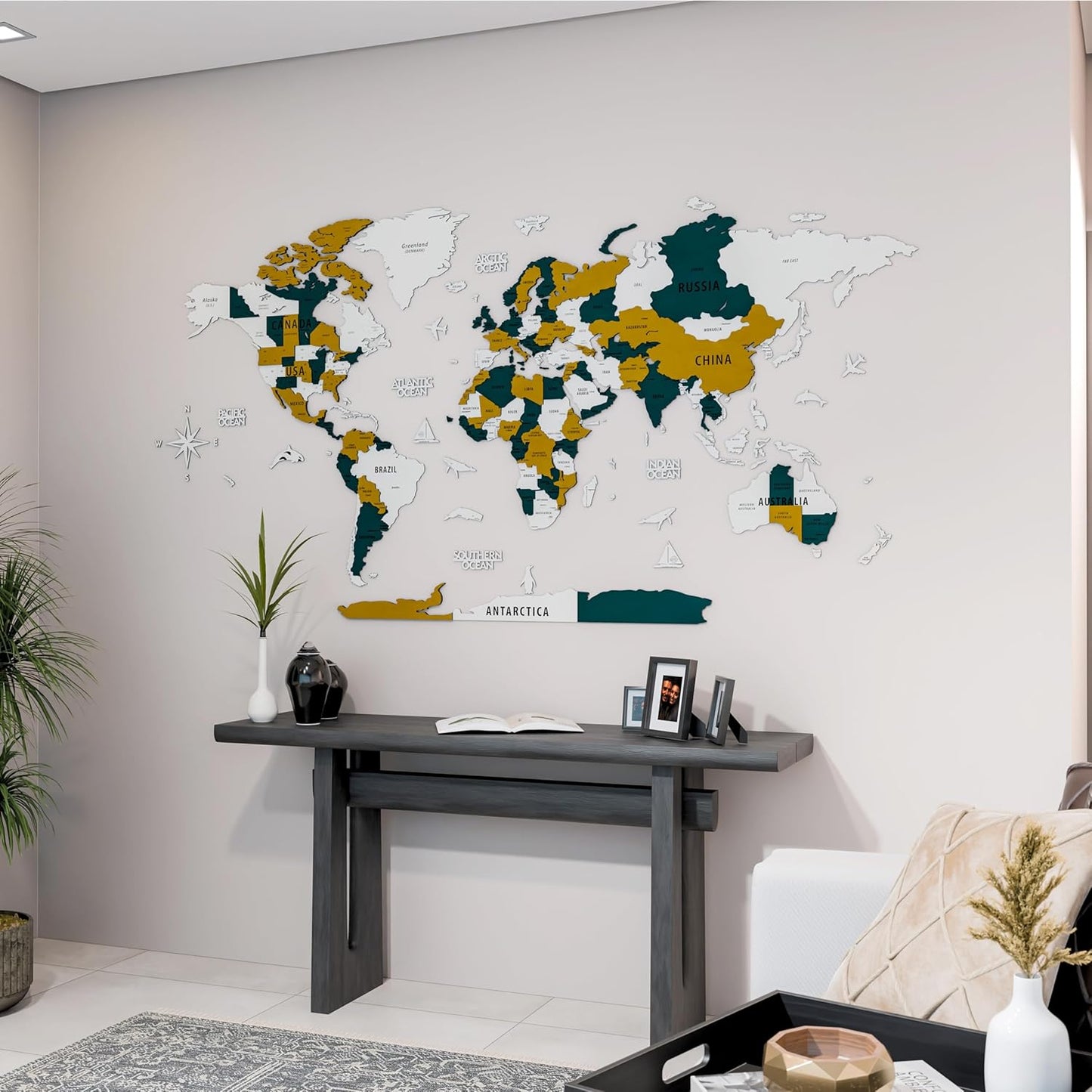 Colorfull Worlds 3D Wooden World Map Wall Art | Unique Wall Decor with Pins for Travel Enthusiasts | Home and Office Wall Décor | Gold-Blue | XLarge