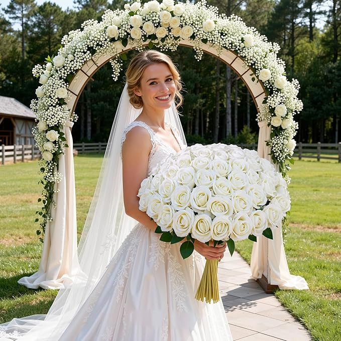 50 PCS Ivory Roses Artificial Flowers, Fake Roses with Stem Realistic Silk Roses for DIY Wedding Bouquets Tables Centerpieces Arrangements Baby Shower Birthday Home Decor Valentine's Day Gift for Her
