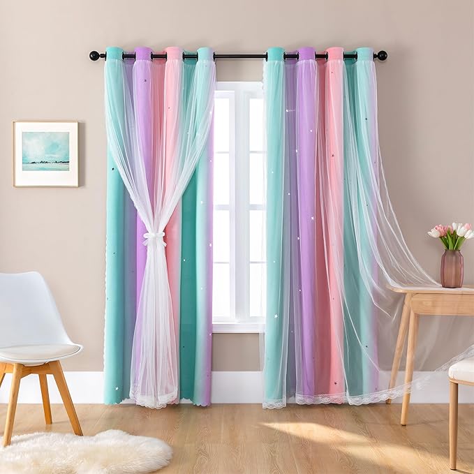 XiDi Curtains for Girls Bedroom 2 Panel Set, Thermal Insulated Window Ombre Panels, Rainbow Pink Drapes for Kids Room Unicorn Wall Decals, Black Out Curtains 54 Inch Long Pink/Purple/Green 34x54
