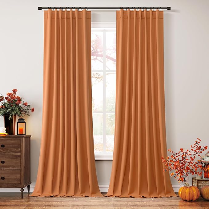 Guken Orange 100% Blackout Linen Curtains 96 Inch Length 2 Panels Set for Living Room Bedroom Back Tab/Rod Pocket Thermal Insulated Black Out Drapes Room Darkening Window Curtains 96 Inches Long
