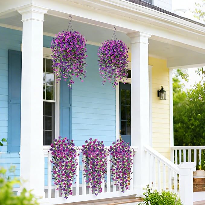 Ammyoo 2Pcs Fake Hanging Flowers for Outdoor Decoration Artificial Hanging Flowers Realistic Daisy Plants UV Resistant, Faux Silk Flower for Porch Patio Window Sill Outside Decor(Purple Deep Purple)