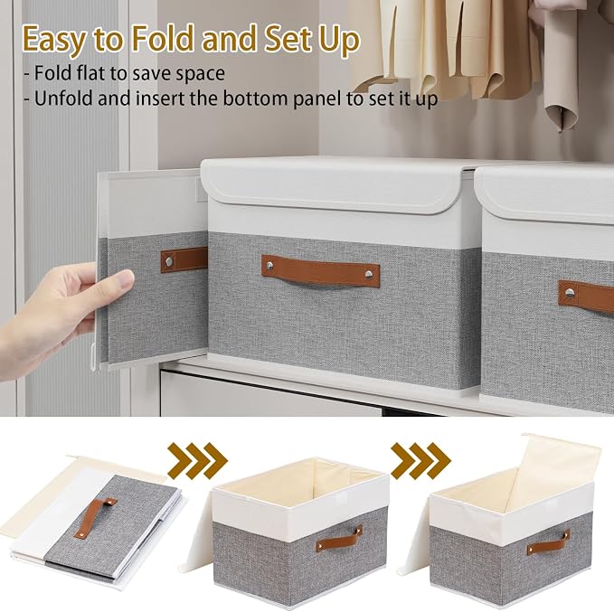 Yawinhe Collapsible Storage Bins, Stackable Boxes with Lids, Cube Clothes Organizer Basket with Handles for Home, Grey and White, 10.2x7.9x6.7 In, 5-Pack, SNK024WGN-5