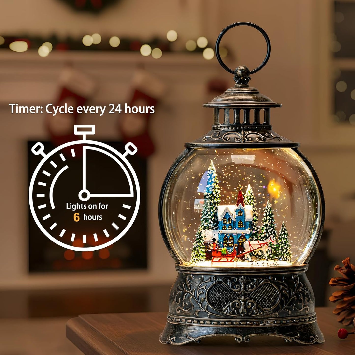 Christmas Snow Globes Christmas Water Lantern with Carriage Blue Church, Music & 6H Timer, USB Lined/Battery Operated Lighted Lanterns for Xmas Festival Decoration Gifts