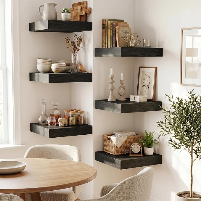 Fun Memories Floating Shelves for Wall 12 Inch, 12 Inch Deep Square Wall Shelves, Bathroom Storage Shelves Over Toilet, Wood Floating Shelves for Living Room Bedroom, Black, Set of 2