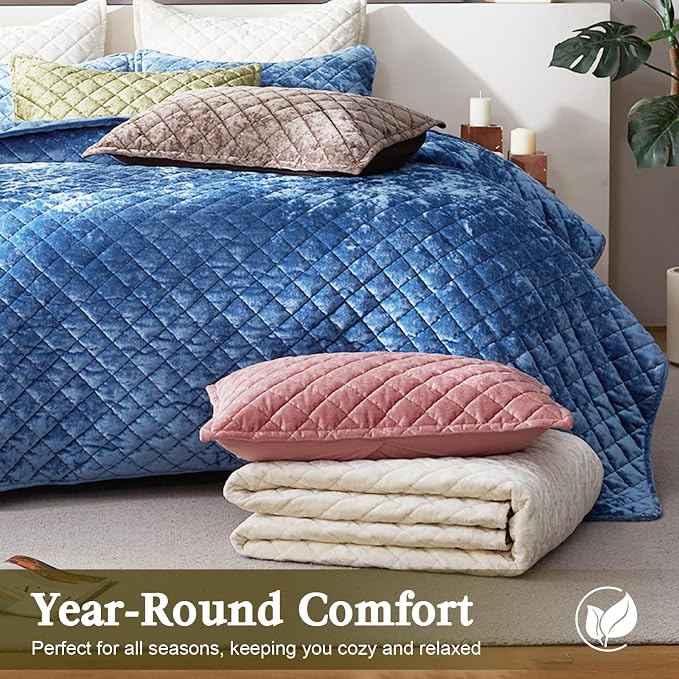 Cosybay Luxury Velvet Quilt Set King, Lightweight Oversized Bedspread Coverlet Quilted Box Stitch Bedding Set, with 2 Matching Pillow Shams, for All Season, Olive Green