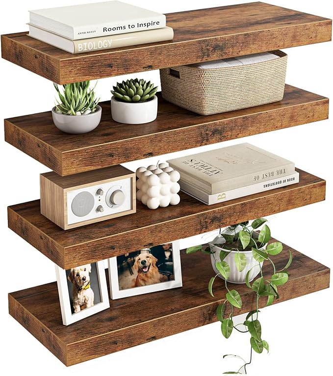 Fixwal Wood Floating Shelves, Wall Shelves Set of 4, Shelves for Wall Decor, with Invisible Brackets for Bathroom, Living Room,Bedroom and Kitchen(Rustic Brown) | Wall Shelves, for Bathroom, Living Room, Bedroom, Kitchen