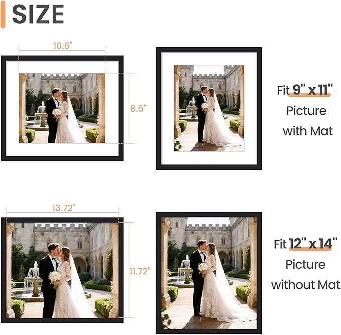 upsimples 12x14 Frame, Display Pictures 9x11 with Mat or 12x14 Without, Wall Hanging Photo Frame, Black, 1 Pack