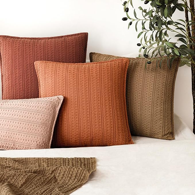 Foindtower Set of 2 Decorative Cotton Waffle Weave Throw Pillow Covers Euro Shams Cushion Covers Accent European Pillowcase for Bed Couch Sofa Bedroom Living Room Home Decor 20×20 Inch Burnt Orange