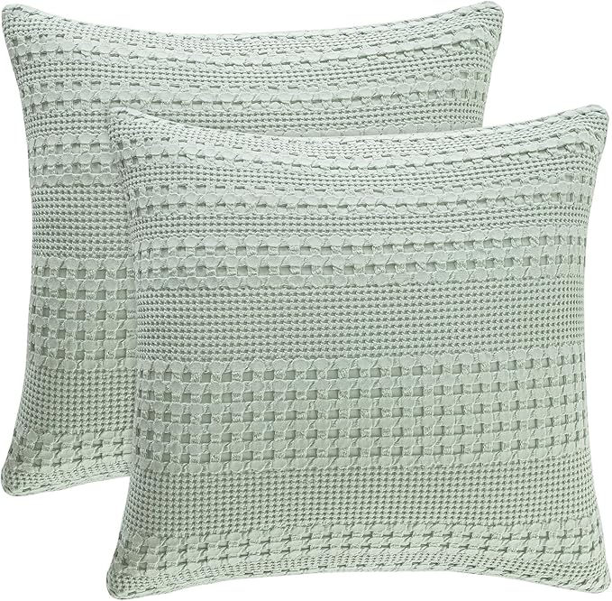 PHF 100% Cotton Waffle Weave Pillow Covers 24" x 24", 2 Pack Luxury Square Shell for Elegant Home Decor, No Filling, Luxury Aesthetic Soft Pillow Covers for Bed, Mint Green