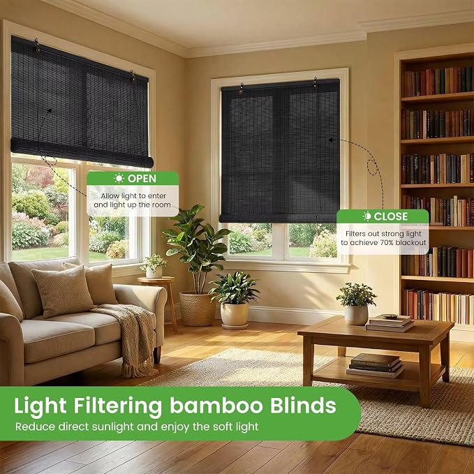 Bamboo Blinds, Easy to Install Bamboo Shades for Indoor Windows, Custom Sizes Roller Shades for Indoor Windows, Roll Up Blinds Indoor Outdoor Patio