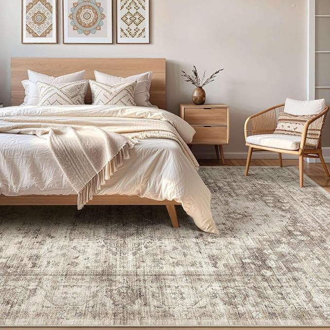 10x14 Area Rugs Living Room: Washable Boho Large Neutral Vintage Soft Rug Stain Resistant Farmhouse Non Slip Indoor Floor Carpet for Bedroom Nursery Kids Playroom Office Dining Room- Tan