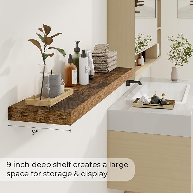 Dreamland 48Inch Floating Shelves for Wall 9.3" Deep Rustic Brown Set of 2 | Wall shelves for bathroom, bedroom, kitchen, deep wall mount wood storage display for home decor 48" x 9.3"