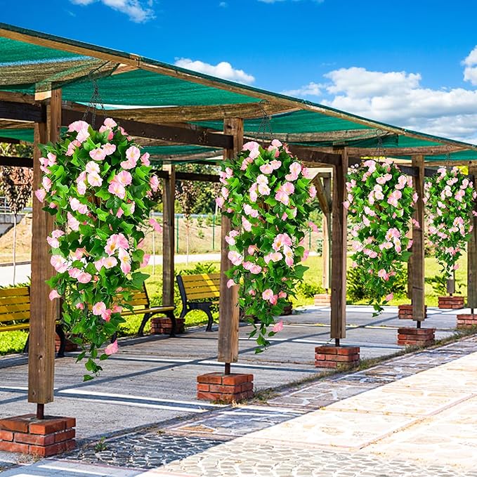 Artificial Fake Hanging Flowers Plants Basket for Spring Outdoor Outside Decoration, UV Resistant Faux Plastic Fabric Flower Morning Glory Wisteria Petunia for Garden Porch Patio Balcony Yard Decor