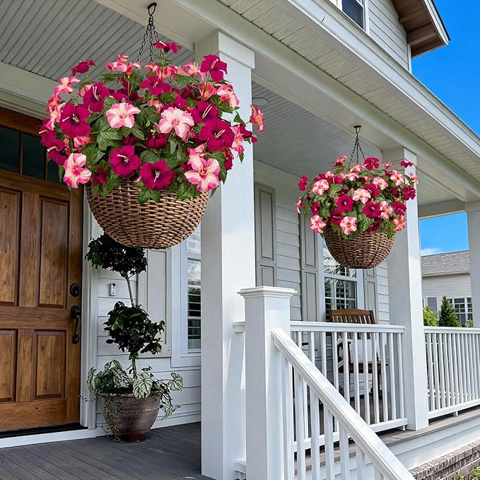 19 Inch Artificial Fake Flowers for Outdoor,4 Pcs Rose red Pink Faux Silk Petunias Spring Flowers for Outside for Indoor Porch Planter Front Door Garden Patio Window Box Home Decor
