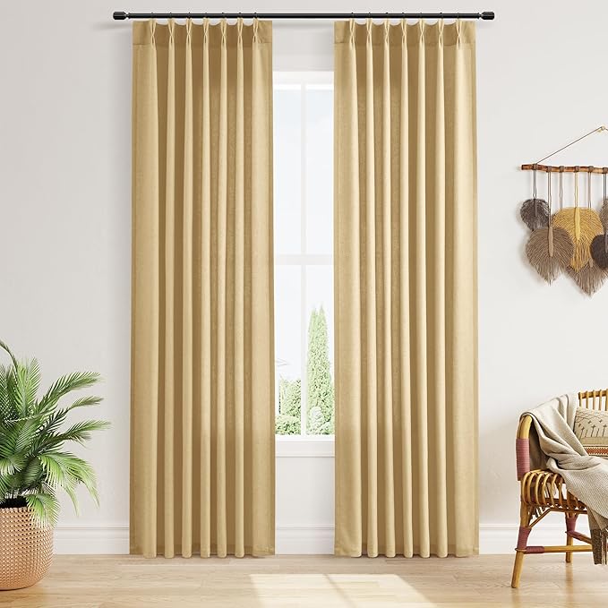Guken Gold Pinch Pleated Linen Curtains 84 Inch Length 2 Panels Set Heat Boho Modern Country Farmhouse Window Curtain for Living Room Bedroom Light Filtering Back Tab Draps with Hooks Rings 40x84