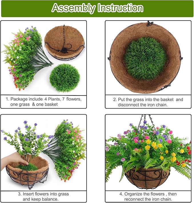 Artificial Fake Hanging Plants Flowers Basket for Outdoor Spring Summer Decorarion, UV Resistant Faux Rose Eucalyptus Boston Ferns Plants for Indoor Outside Garden Porch Patio Balcony Decor