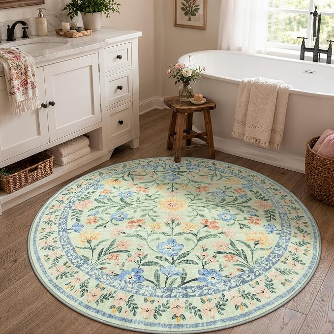 Wonnitar Washable Round Area Rug, 5ft Green Floral Round Rug Boho Soft Circle Carpet, Non Slip Low Pile Circle Accent Carpets for Kitchen Living Room Entryway Bedroom