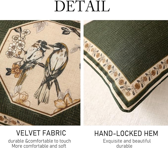 ISAENNE Vintage Linen Rectangle Throw Pillow Cover,Set of 2,28"x12"-Murad E | Designer French Green Pillow Cover,Concealed Zipper Design,Floral and Bird Pattern,Sofa,Bedroom,Living Room,Lounge Chairs