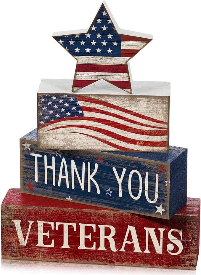 CroBlissful 4 Pcs Memorial Day Decorations Patriotic 4th of July Tabletop Decorations Red White Blue Table Centerpieces Star Sign for Office Tiered Tray Home Shelf 250th Anniversary