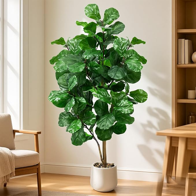 Faux Fiddle Leaf Fig Tree 6ft Tall Indoor Fake Tree in White Pot with 106 Leaves Artificial Ficus Lyrata House Plant for Indoor Home Office Bedroom Living Room Decor Perfect Housewarming Gift