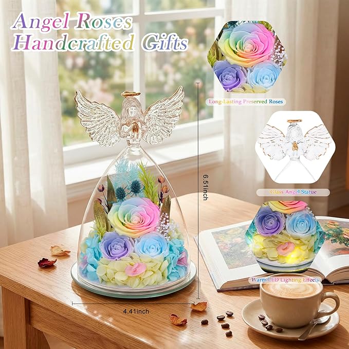 FIACO Gifts for Women Mom Preserved Rose Forever Flower in Glass Angel Figurine Fresh Flowers for Delivery Birthday Gifts for Grandma Wife Sister Eternal Roses