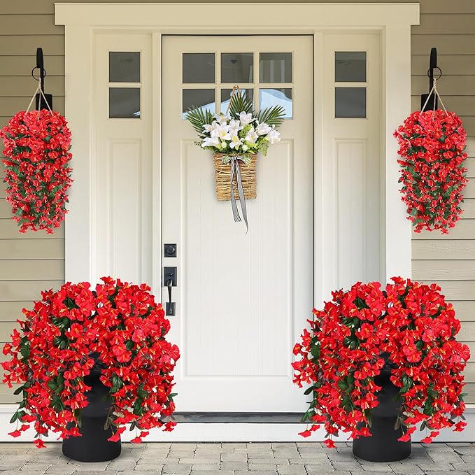 Sggvecsy Artificial Fake Hanging Flowers Plants for Outdoor Outside Spring Summer Decoration 2PCS Faux Silk UV Resistant Realistic Morning Glory Trailing Vines for Home Porch Patio Balcony(Red)