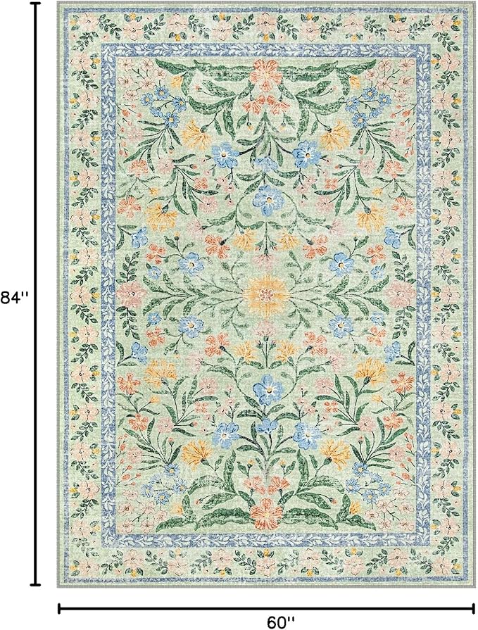 Wonnitar Machine Washable 5x7 Area Rug, Boho Floral Rugs for Living Room Non-Slip, Soft Pink and Green Flower Ultra-Thin Non Shedding Carpet for Bedroom Dining Room Nursery