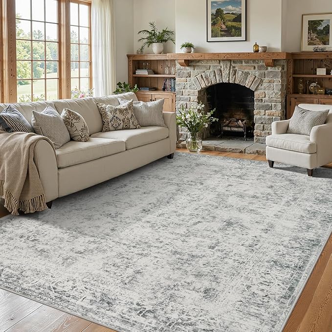 Rugxara 6x9 Area Rugs for Living Room Bedroom, Large Washable Rug, Grey Vintage Abstract Boho Rug, Non Slip & Low Pile Faux Wool Carpet for Indoor Dining Room, Farmhouse and Kids Room(Grey 6x9ft)