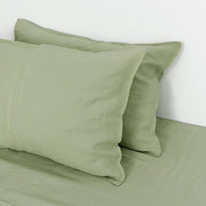 Linen World Natural Linen Pillowcase Set - Stone Washed Moisture-Absorbing,Queen Size (20''x30''),Sage Green
