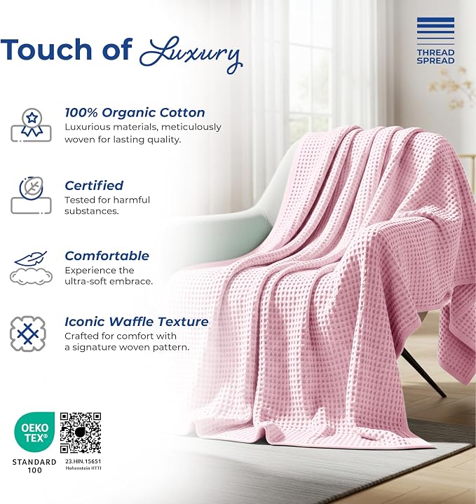 THREAD SPREAD 100% Cotton Waffle Blanket Queen Size - Soft Lightweight Breathable Waffle Weave Queen Blanket for All Season, Textured Throw Blankets for Bed, Sofa, Hotel, Hospital - Light Pink