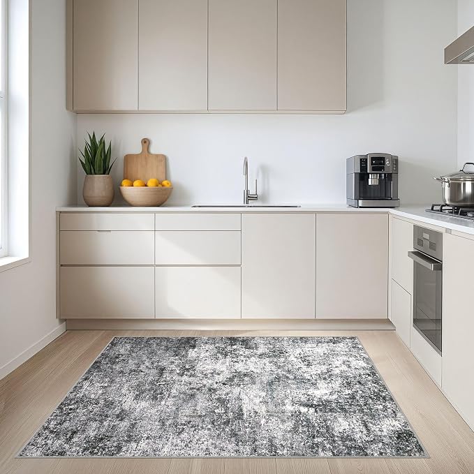 Area Rug Living Room Rugs - 4x6 Large Soft Indoor Neutral Modern Abstract Low Pile Washable Rug Carpet for Bedroom Dining Room Farmhouse Home Office - Grey