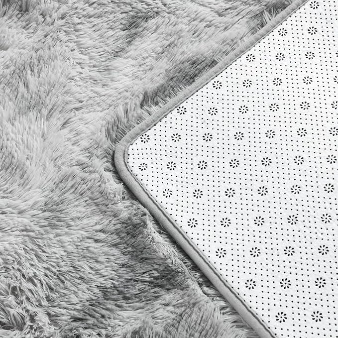 Deerhoo Large Shag Area Rugs 8 x 10, Tie-Dyed Plush Fuzzy Rugs for Living Room, Ultra Soft Fluffy Furry Rug for Bedroom, Indoor Carpet Nursery Rugs for Kids Room Home Decor, Light Grey
