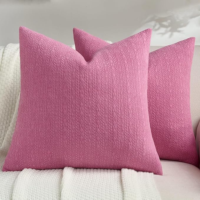 FUTEI Hot Pink Chenille Throw Pillow Covers 18x18 Inch Set of 2,Soft Striped & Diamond Textured Cushion Cases,Modern Home Decor for Couch Living Room