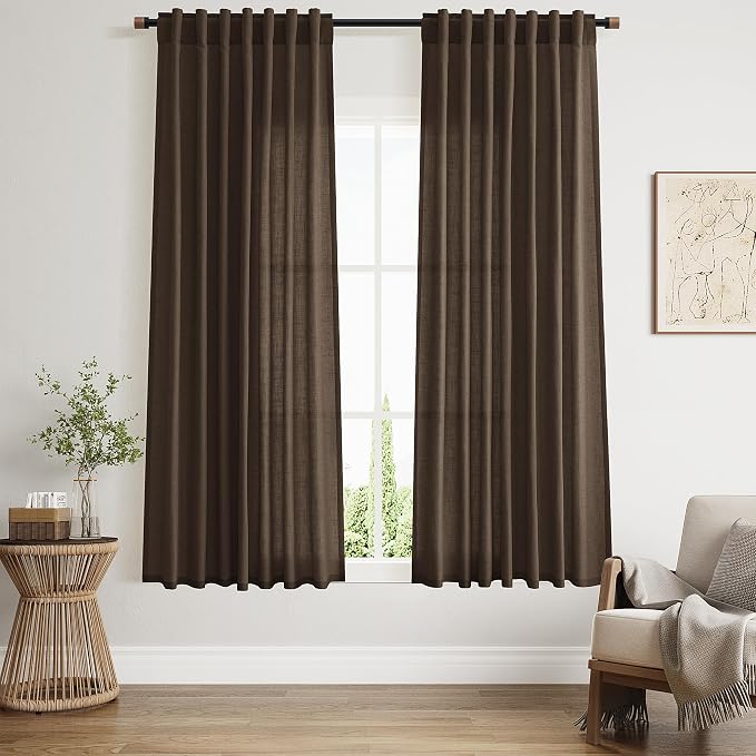 Chocolate Curtains 63 Inches Long 2 Panel Sets for Living Room Bedroom, Light Filtering Linen Drapes for Kitchen Windows Rod Pocket or Back Tab Curtain,Semi Sheer 52x63