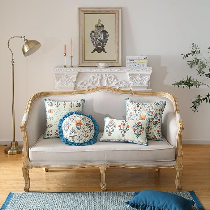 ISAENNE Linen Round Throw Pillow Cover,Set of 2,Diameter 16"-Floralsea A | Designer French Elegant Pillow Cover,Concealed Zipper Design,Sofa,Bedroom,Living Room,Lounge Chairs,All Season Home Decor