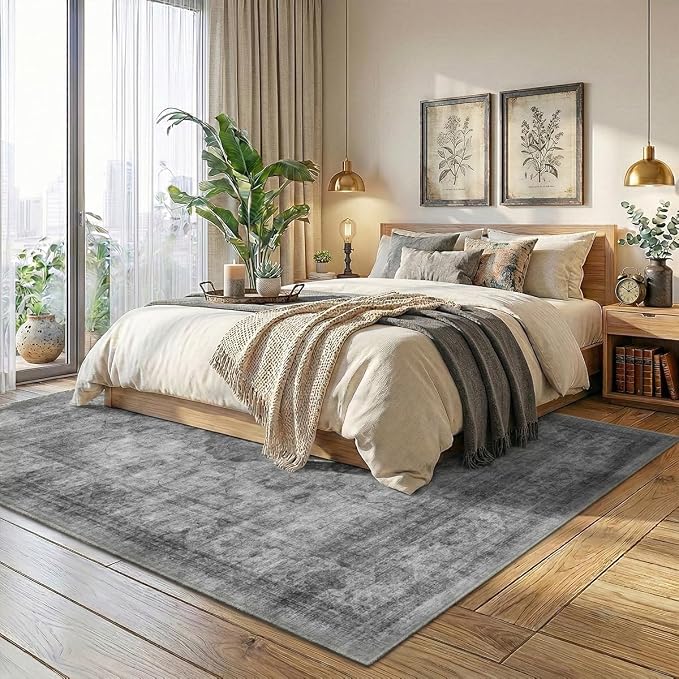 Homemate Washable Rug 5x7 Area Rugs - Vintage Faux Wool Rugs for Living Room Bedroom Dining Room - Non Slip Foldable Carpet Indoor Area Rug for Home Decor（5'x7', Black