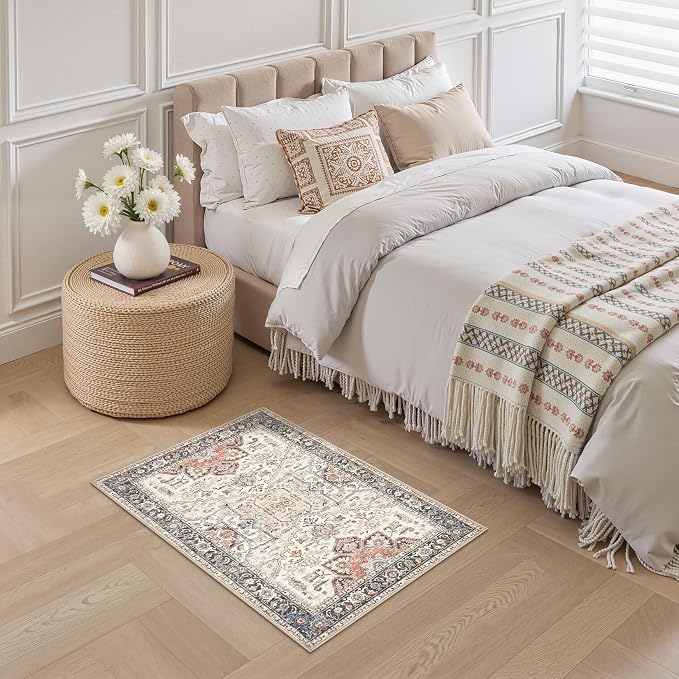 2x3 Washable Entryway Rug: Non-Slip Soft Small Indoor Area Rug for Bedroom Kitchen, Low Pile Stain-Resistant Durable Vintage Floral Carpet for Porch Laundry Kids Room Home Decor (Multi)