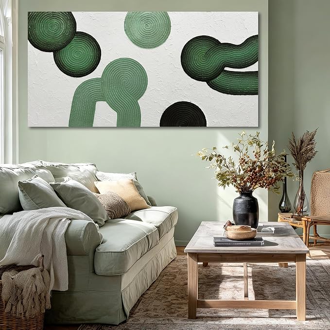 ZUNARE Green Abstract Wall Art, Hand Painted Textured Canvas with Organic Modern Forms, Minimalist Sage and Deep Green Wall Decor for Living Room Bedroom Dinning Room 24×48 Inch