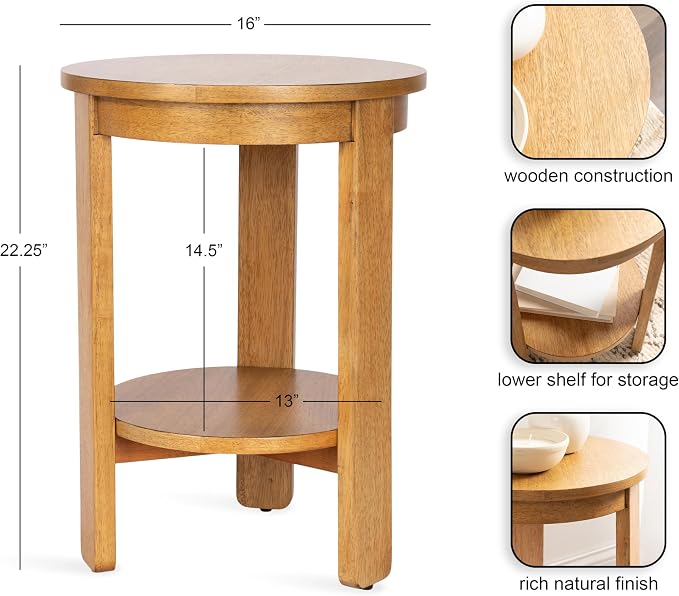 Kate and Laurel Foxford Tiered Round Side Table, 16 x 16 x 23, Natural Brown, Transitional Two-Tier Circle Nightstand Table with Storage and Resilient Wood Construction for Bedroom Decor