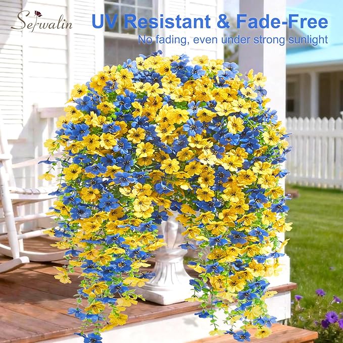 Serwalin 6PCS Artificial Hanging Flowers for Outdoors, UV Resistant Fake Hanging Plants, Realistic Weatherproof Outdoor Decor for Patio, Porch, Garden & Window (Yellow& Blue,6PCS)