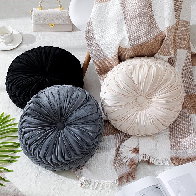 Drydiet 3 Pcs Round Throw Velvet Pillows Decorative Pleated Throw Pillows Diameter Accent Pumpkin Boho Chair Cushion for Couch Sofa Home Decoration (Black,White,Gray,15'')