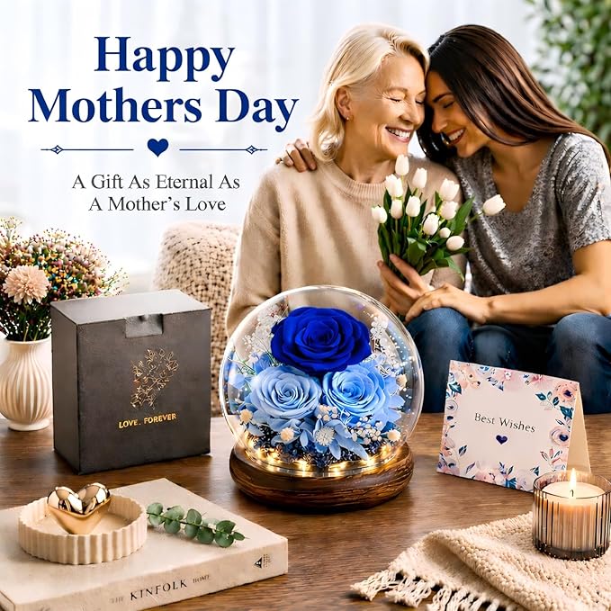 FIACO Gifts for Mom Mothers Day Birthday Gifts for Women Preserved Flowers in Glass Dome Long-Lasting Eternal Roses for Her Grandma Wife Girlfriend Blue Forever Flowers for Delivery Prime Anniversary