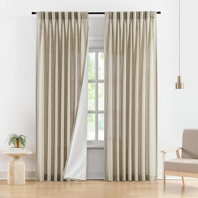 Vision Home Sand Pinch Pleated Light Filtering Curtains with Microfiber Liner 84 inch Linen Blended Textured Privacy Drapes for Living Room Bedroom Back Tabs with Hooks 2 Panels 40"Wx84"L,Camel Beige