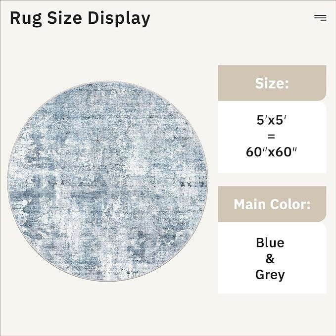 Soalmost 5x5 Blue/Grey Round Rug 5ft Living Room Circle Rug Vintage Round Area Rug Non Slip Indoor Carpet for Entryway Dining Room Bedroom